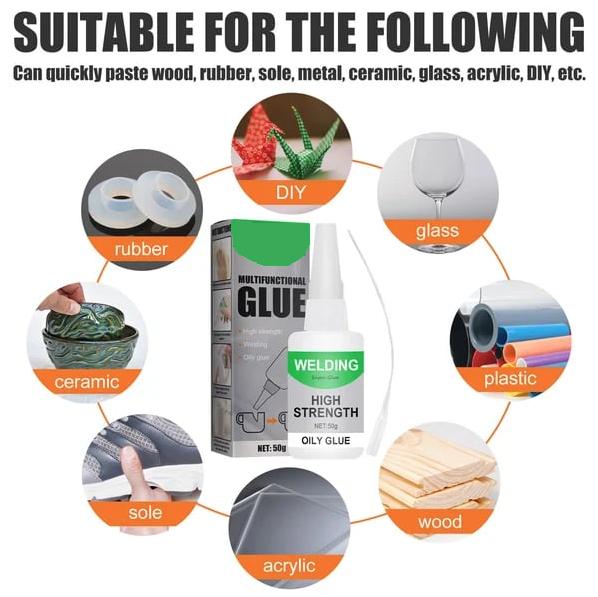 Materials suitable for welding oily glue including rubber glass plastic wood acrylic and ceramic