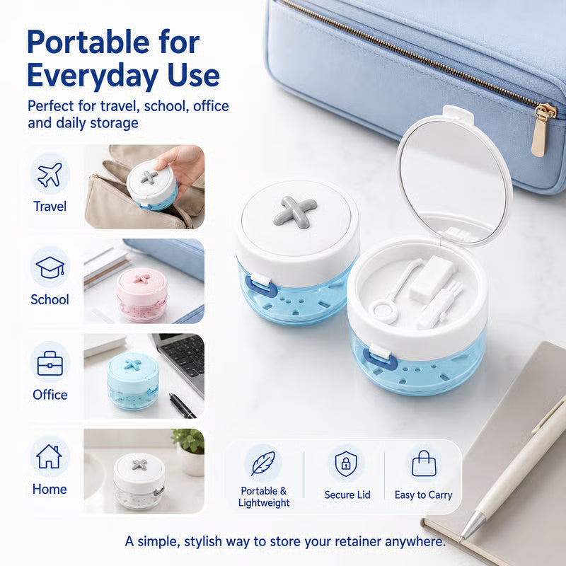 🦷✨3-in-1 Retainer Cleaning & Storage Case – Portable Leak-Resistant Soak Box with Drain Tray, Mirror & Cleaning Brush 🎁Buy 2 Free Shipping - White
