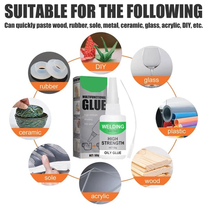 Materials suitable for welding oily glue including rubber glass plastic wood acrylic and ceramic
