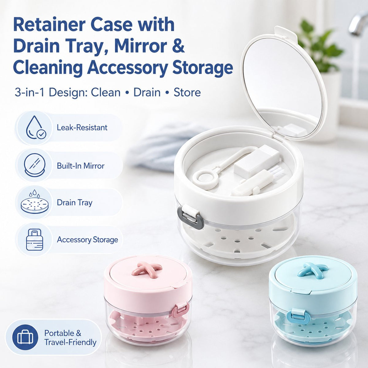 🦷✨3-in-1 Retainer Cleaning & Storage Case – Portable Leak-Resistant Soak Box with Drain Tray, Mirror & Cleaning Brush 🎁Buy 2 Free Shipping - White