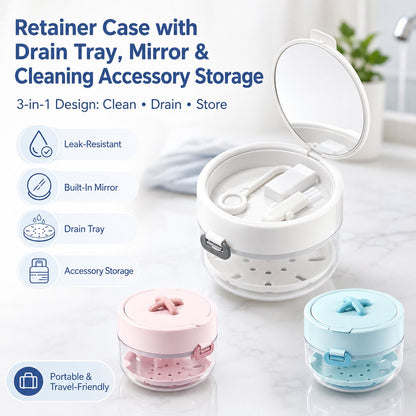 🦷✨3-in-1 Retainer Cleaning & Storage Case – Portable Leak-Resistant Soak Box with Drain Tray, Mirror & Cleaning Brush 🎁Buy 2 Free Shipping - White