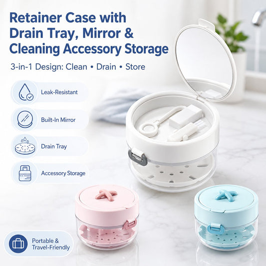🦷✨3-in-1 Retainer Cleaning & Storage Case – Portable Leak-Resistant Soak Box with Drain Tray, Mirror & Cleaning Brush 🎁Buy 2 Free Shipping - White