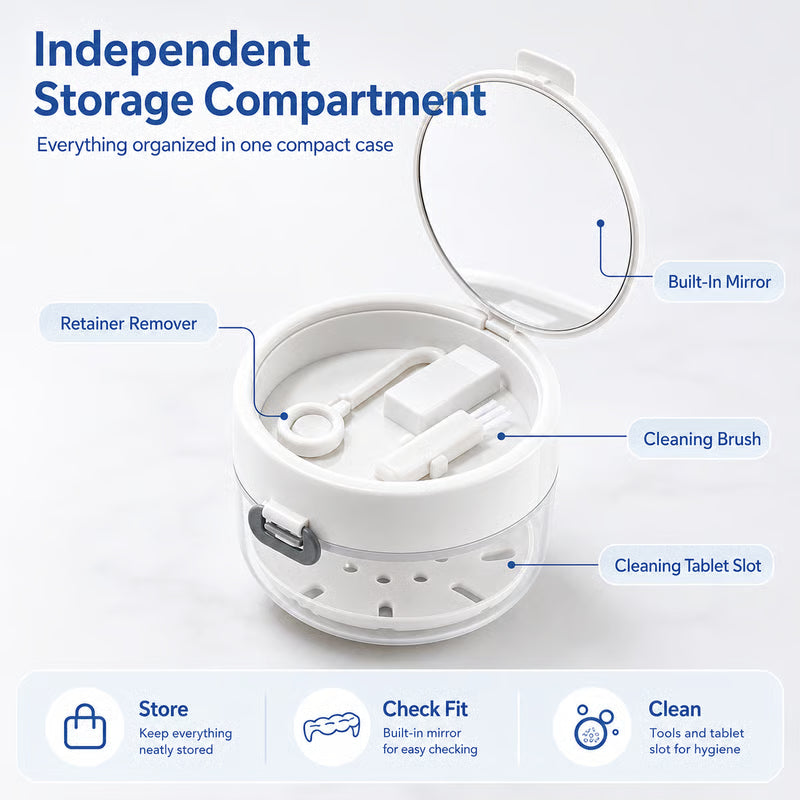 🦷✨3-in-1 Retainer Cleaning & Storage Case – Portable Leak-Resistant Soak Box with Drain Tray, Mirror & Cleaning Brush 🎁Buy 2 Free Shipping - White