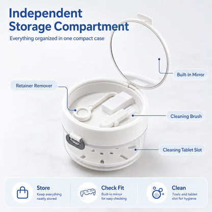 🦷✨3-in-1 Retainer Cleaning & Storage Case – Portable Leak-Resistant Soak Box with Drain Tray, Mirror & Cleaning Brush 🎁Buy 2 Free Shipping - White