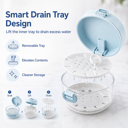 🦷✨3-in-1 Retainer Cleaning & Storage Case – Portable Leak-Resistant Soak Box with Drain Tray, Mirror & Cleaning Brush 🎁Buy 2 Free Shipping - White