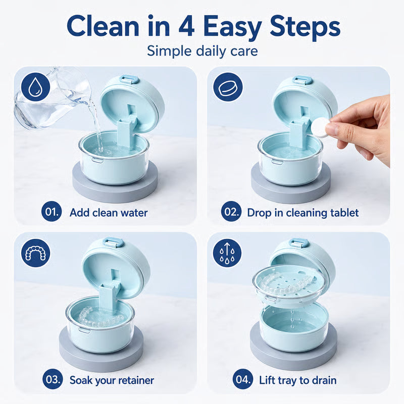 🦷✨3-in-1 Retainer Cleaning & Storage Case – Portable Leak-Resistant Soak Box with Drain Tray, Mirror & Cleaning Brush 🎁Buy 2 Free Shipping - White