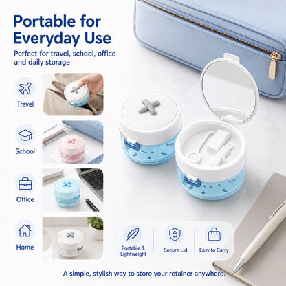 🦷✨3-in-1 Retainer Cleaning & Storage Case – Portable Leak-Resistant Soak Box with Drain Tray, Mirror & Cleaning Brush 🎁Buy 2 Free Shipping - White