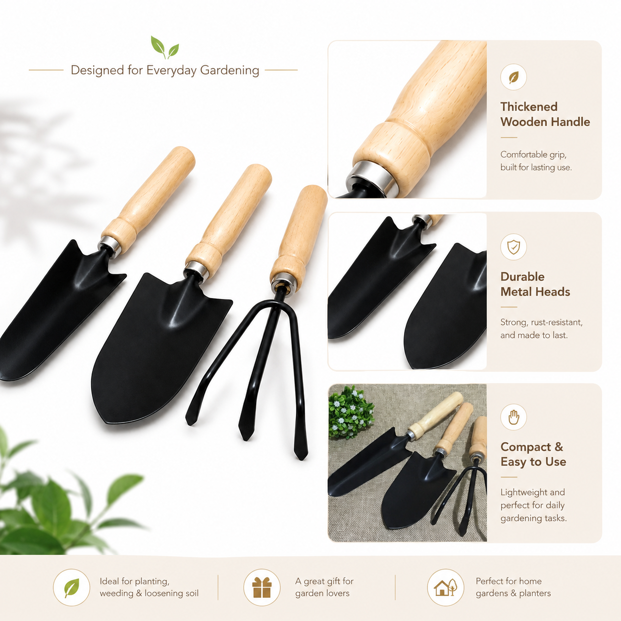 3-Piece Wooden Handle Garden Tool Set