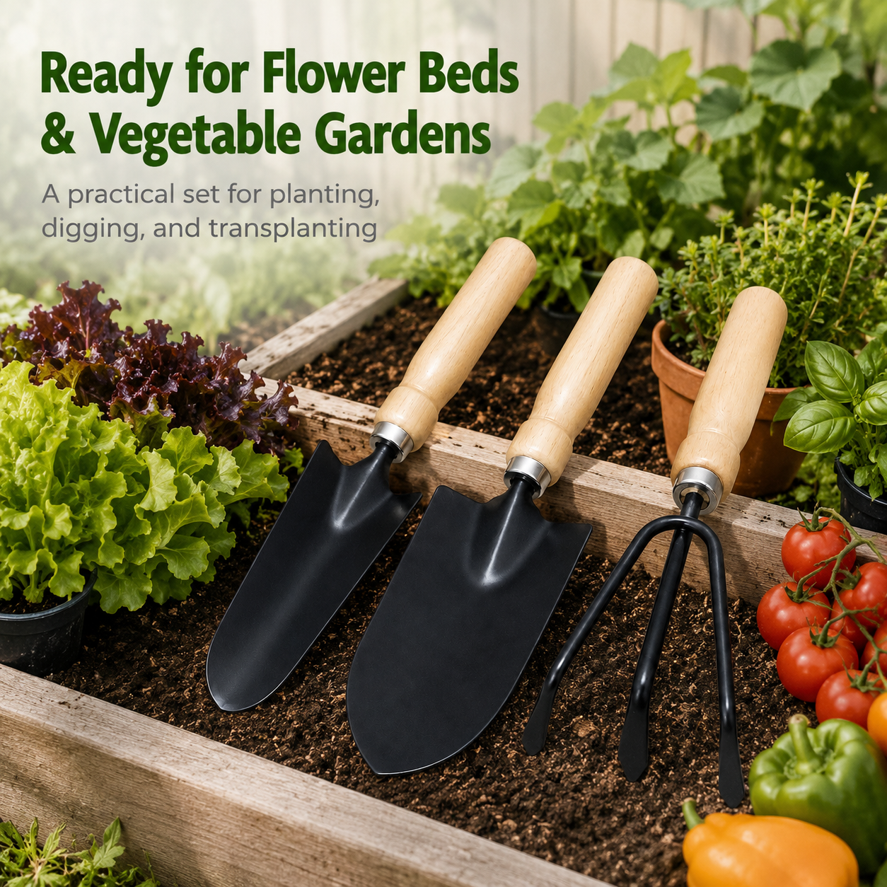 3-Piece Wooden Handle Garden Tool Set