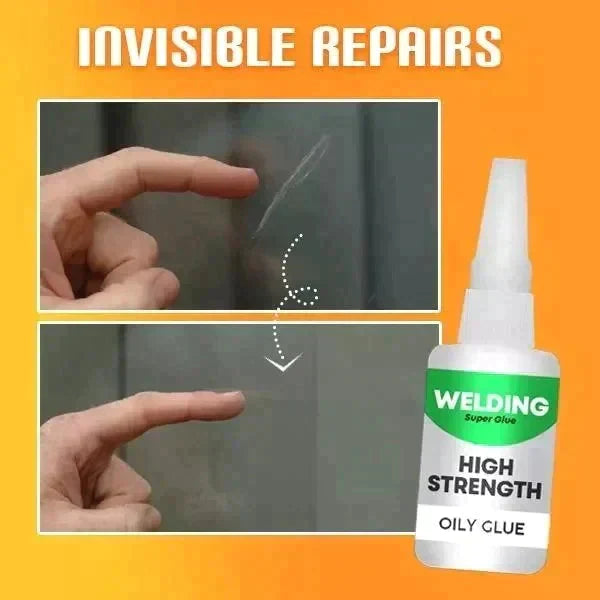 Welding oily glue for discreet clear repairs