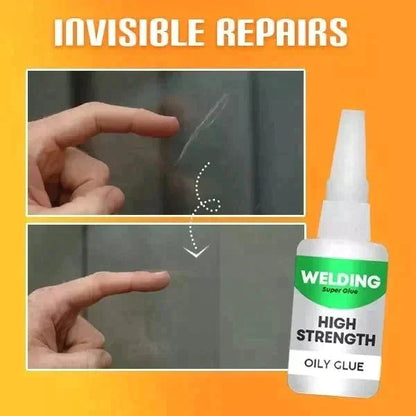 Welding oily glue for discreet clear repairs